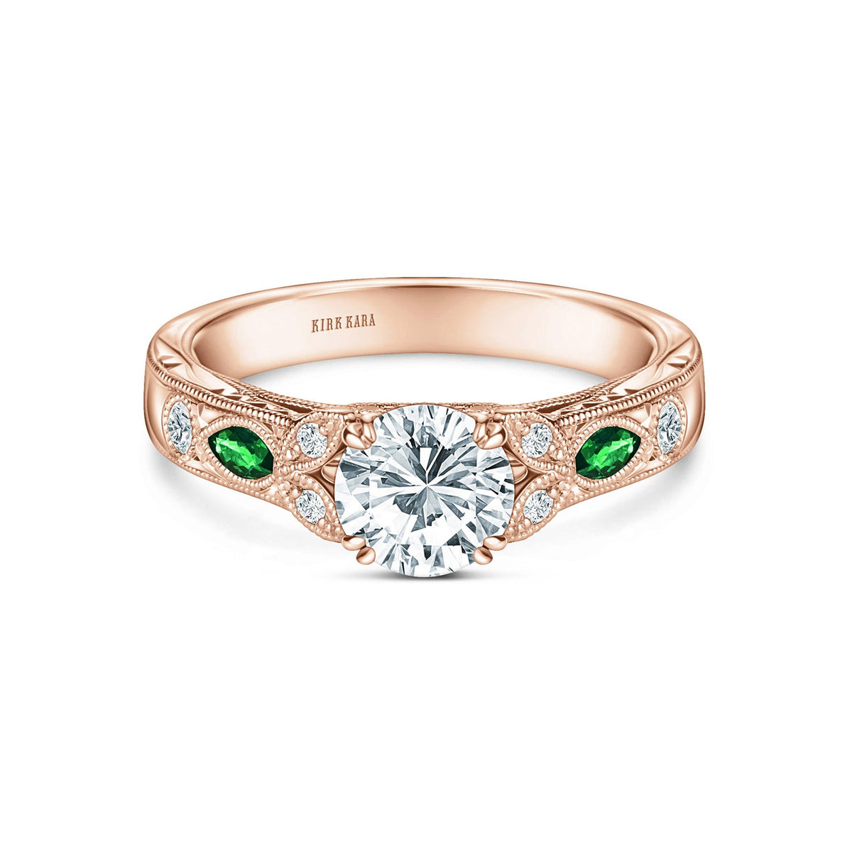 Tsavorite Floral Diamond Engraved Engagement Ring