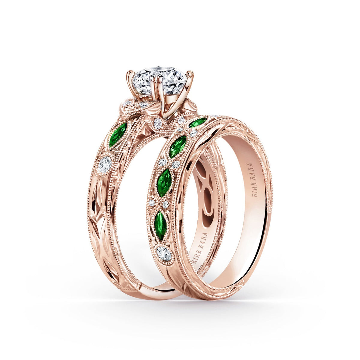 Engraved Tsavorite Floral Diamond Wedding Band