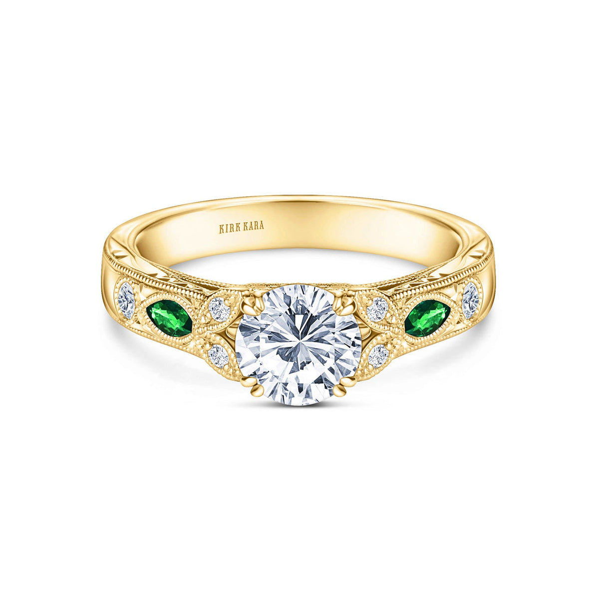 Tsavorite Floral Diamond Engraved Engagement Ring