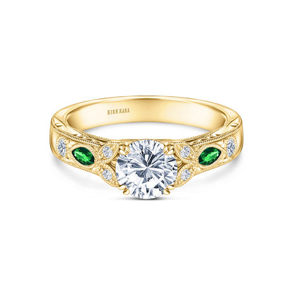 Tsavorite Floral Diamond Engraved Engagement Ring
