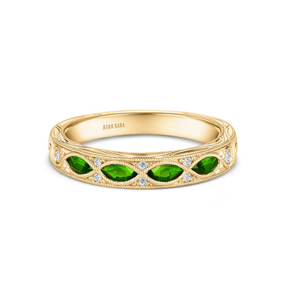 Engraved Tsavorite Floral Diamond Wedding Band