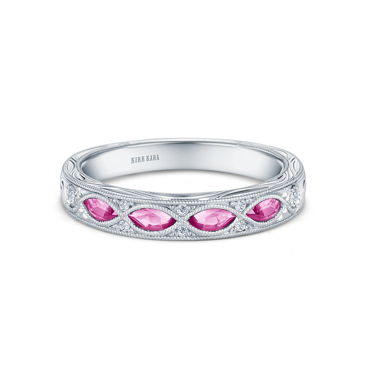 Engraved Blue Sapphire Floral Diamond Wedding Band