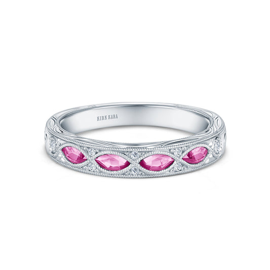 Engraved Blue Sapphire Floral Diamond Wedding Band