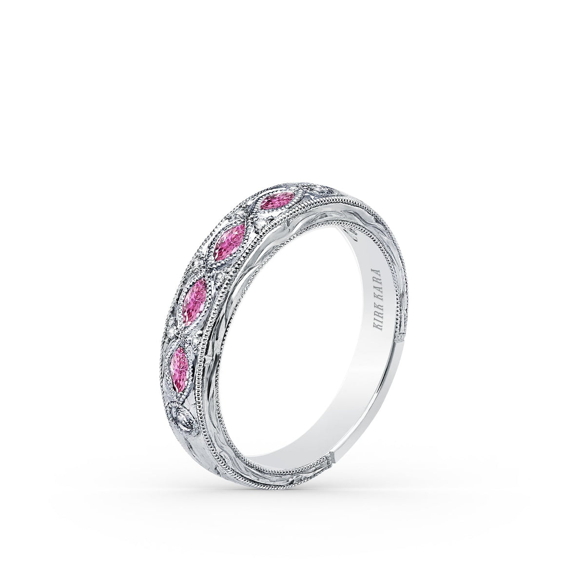 Engraved Blue Sapphire Floral Diamond Wedding Band