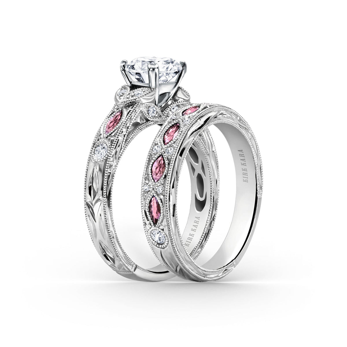 Engraved Blue Sapphire Floral Diamond Wedding Band