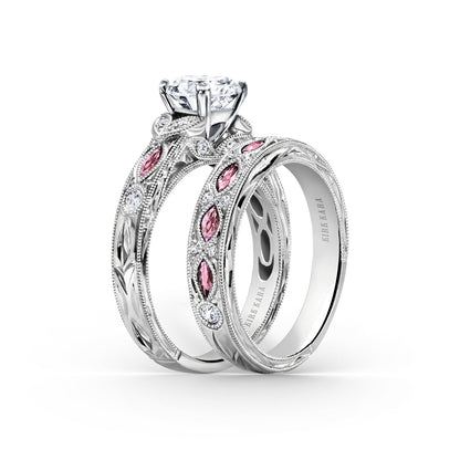 Engraved Blue Sapphire Floral Diamond Wedding Band