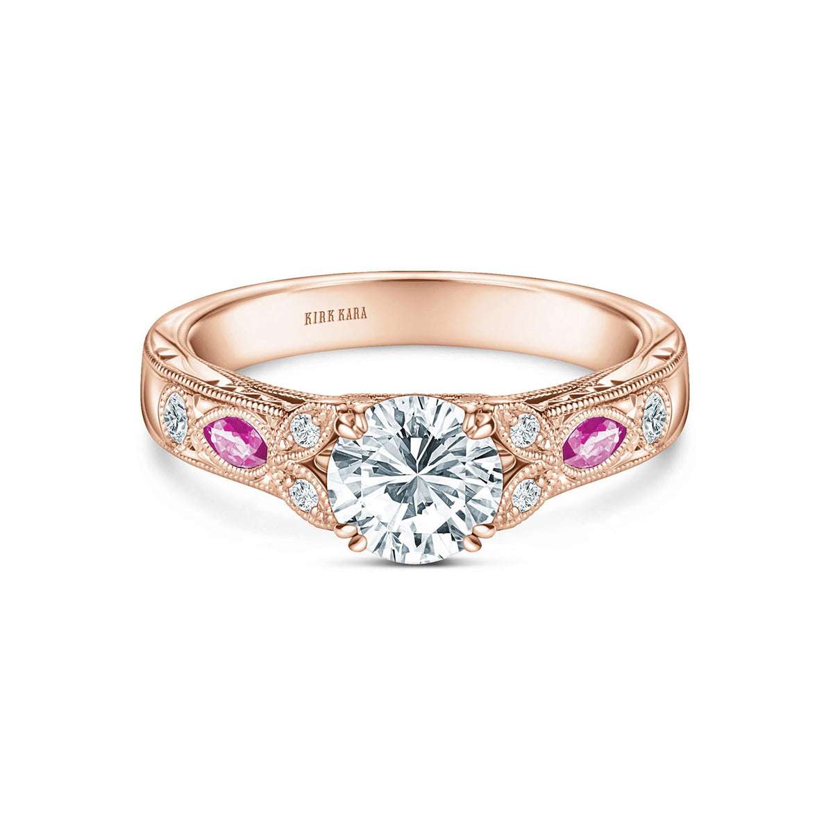 Pink Sapphire Diamond Engraved Engagement Ring