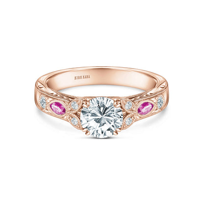 Pink Sapphire Diamond Engraved Engagement Ring