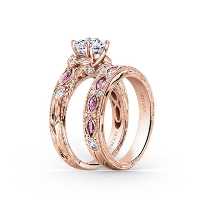 Engraved Blue Sapphire Floral Diamond Wedding Band