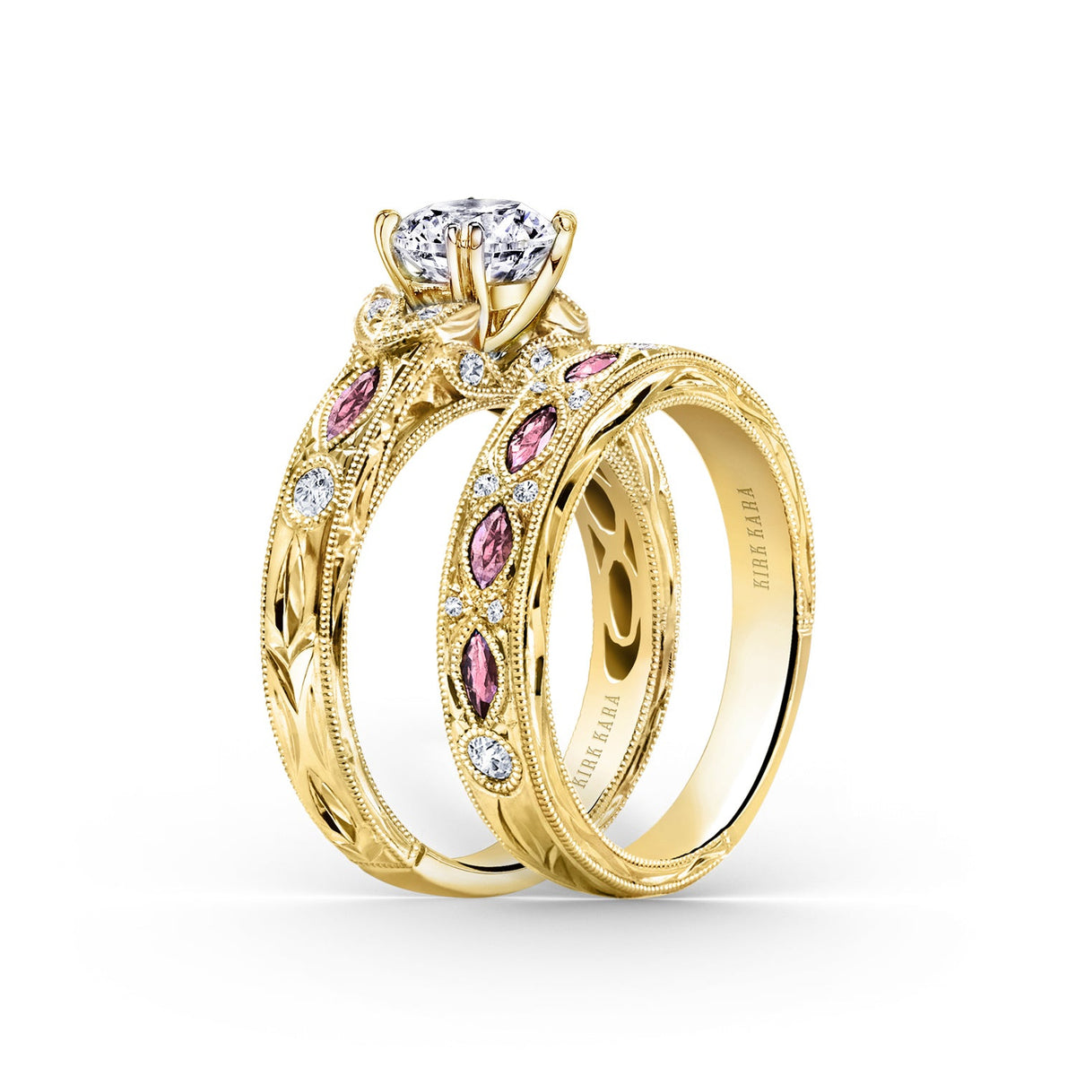 Engraved Blue Sapphire Floral Diamond Wedding Band