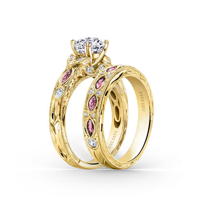 Engraved Blue Sapphire Floral Diamond Wedding Band