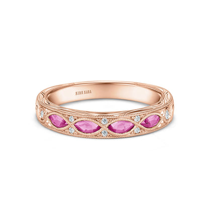 Engraved Blue Sapphire Floral Diamond Wedding Band