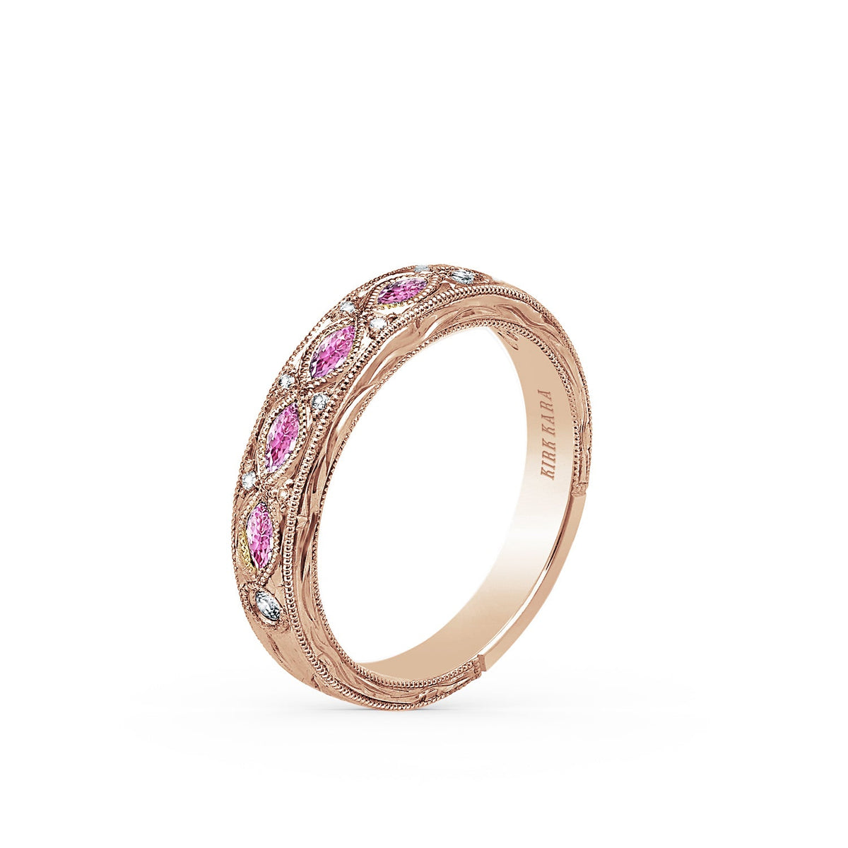 Engraved Blue Sapphire Floral Diamond Wedding Band