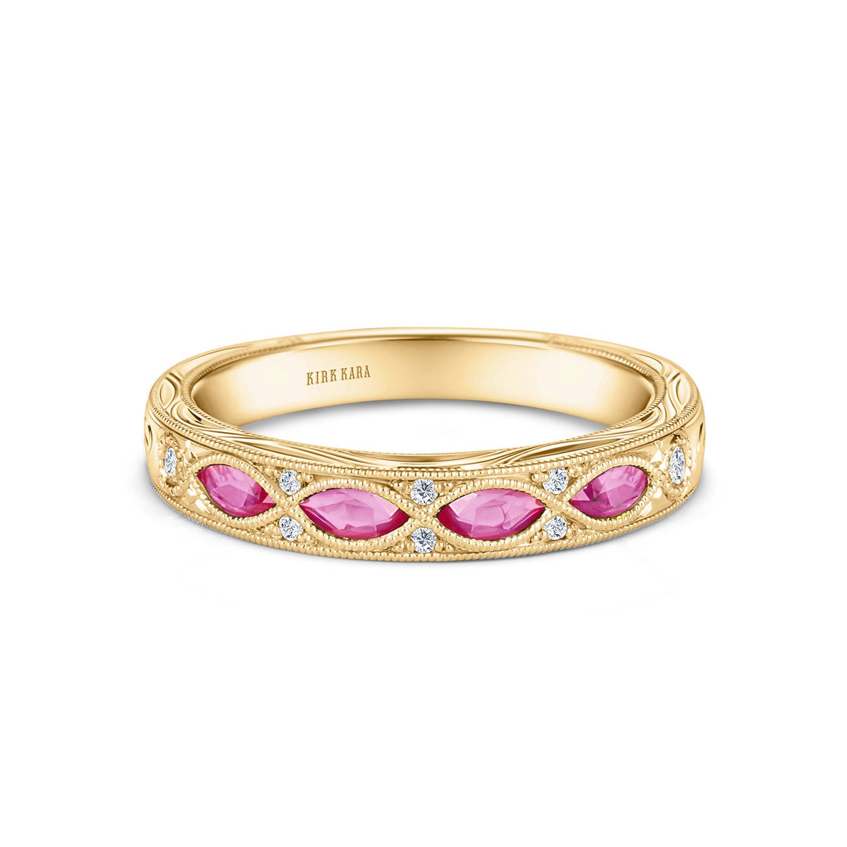 Engraved Blue Sapphire Floral Diamond Wedding Band