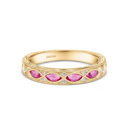 Engraved Blue Sapphire Floral Diamond Wedding Band