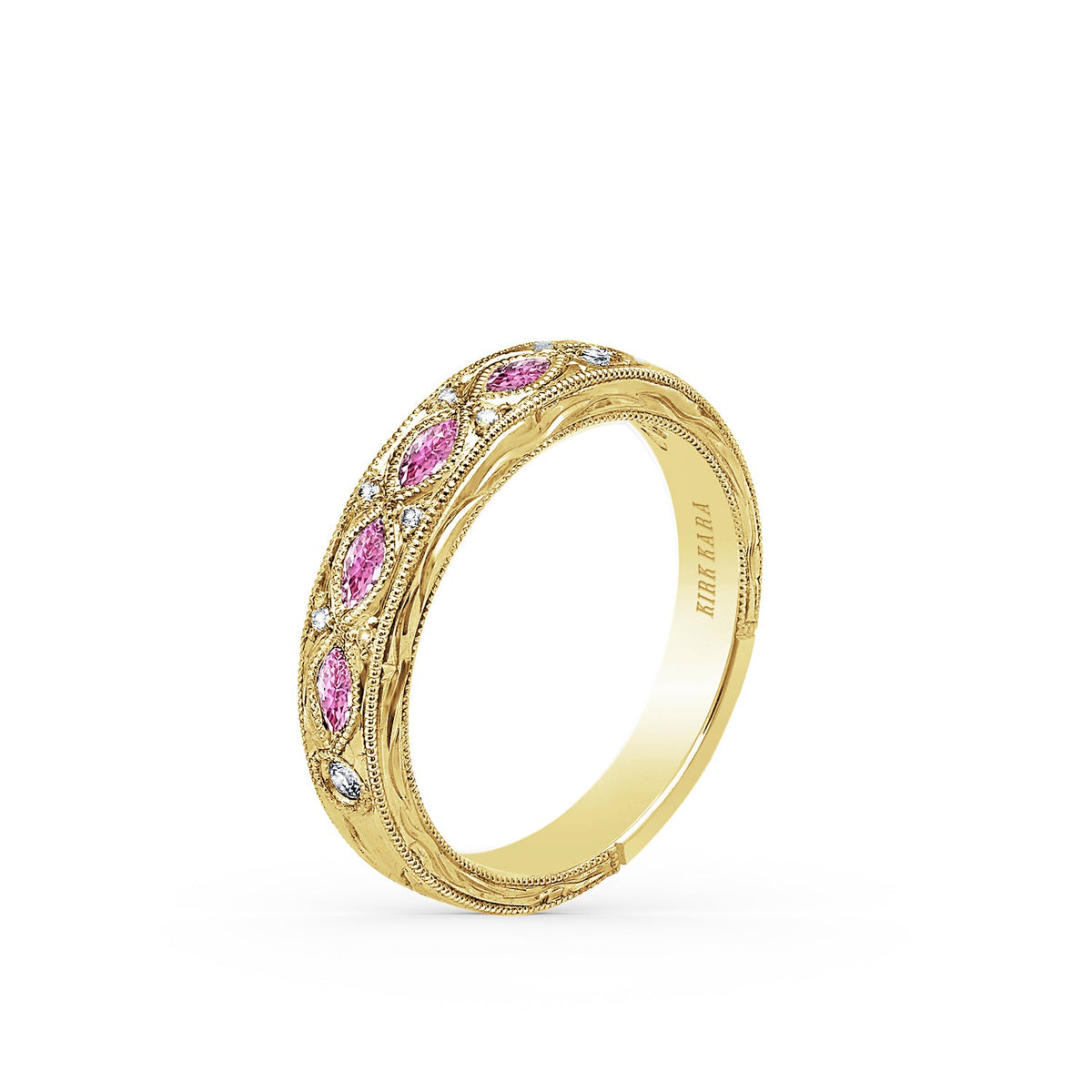 Engraved Blue Sapphire Floral Diamond Wedding Band