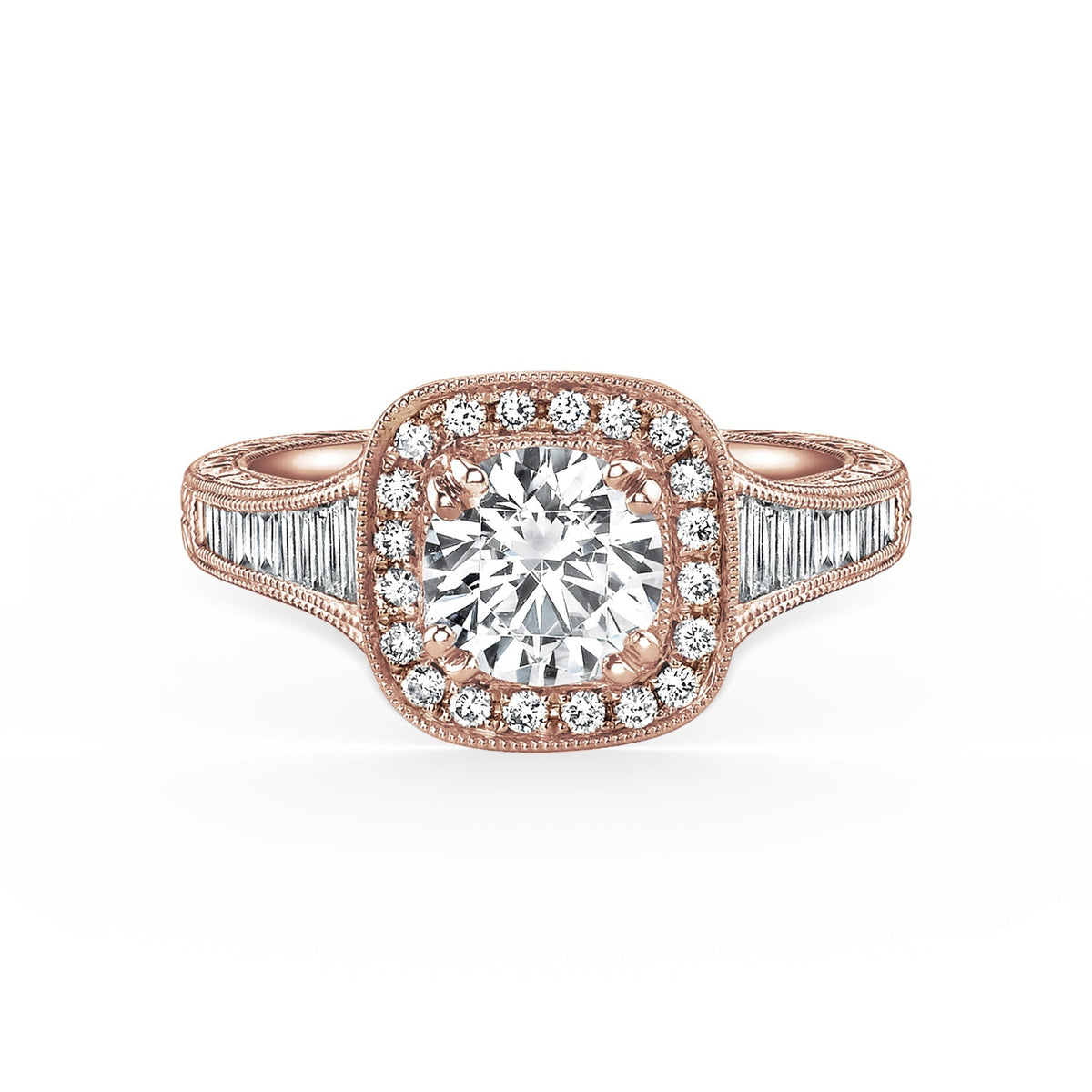 Baguette Halo Diamond Engraved  Engagement Ring