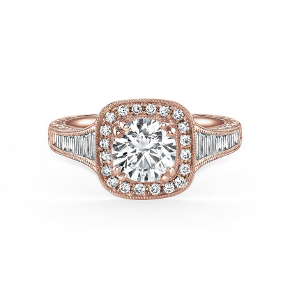 Baguette Halo Diamond Engraved  Engagement Ring