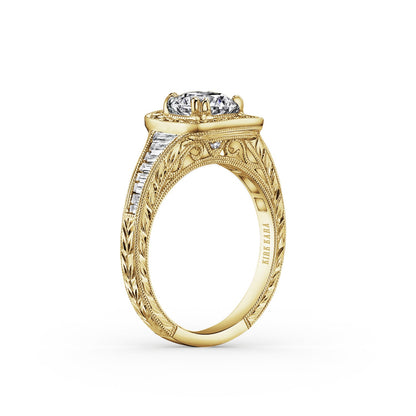 Baguette Halo Diamond Engraved  Engagement Ring