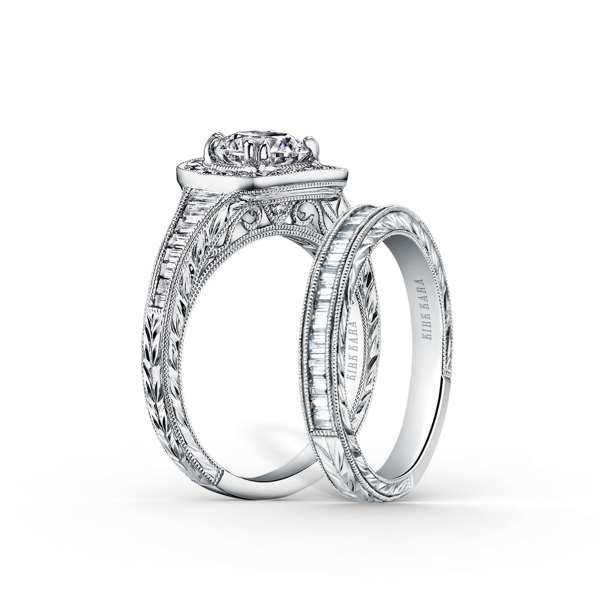 Baguette Halo Diamond Engraved  Engagement Ring