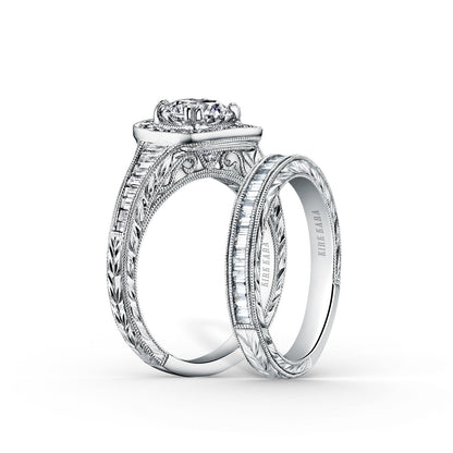 Baguette Halo Diamond Engraved  Engagement Ring