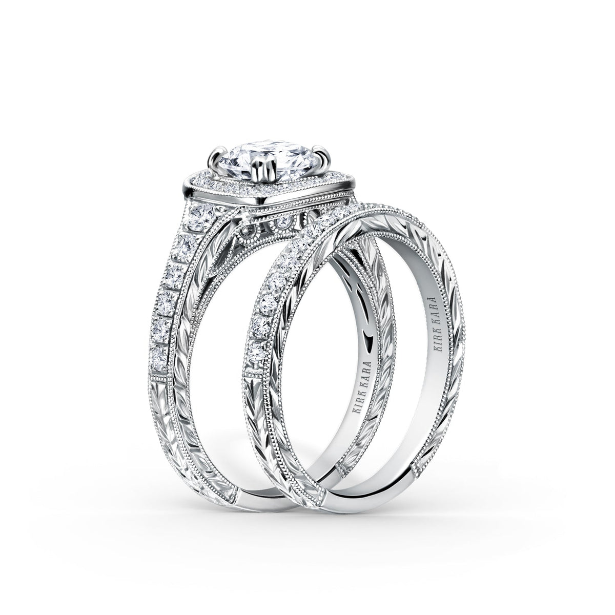 Engraved Filigree Halo Diamond Engagement Ring