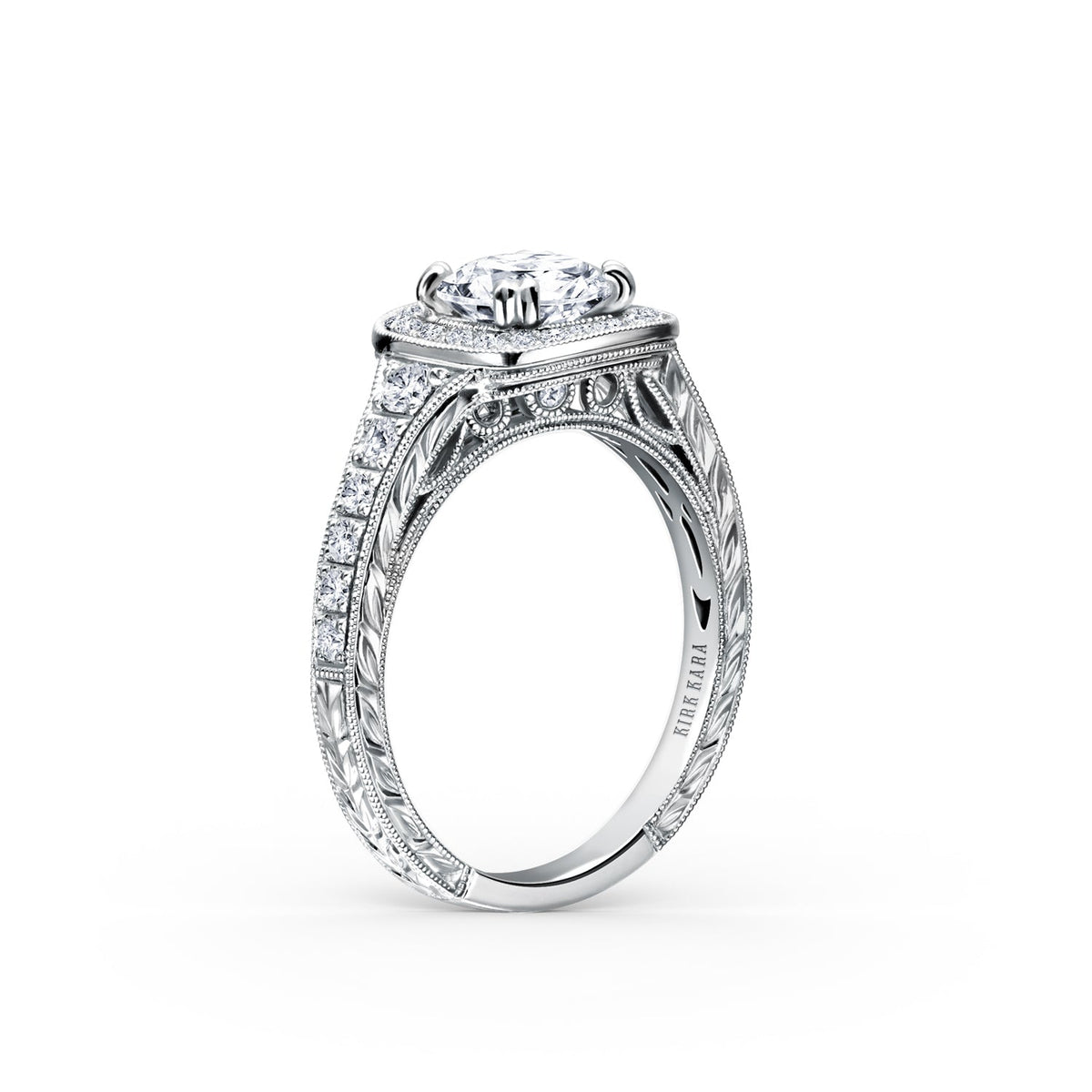 Engraved Filigree Halo Diamond Engagement Ring