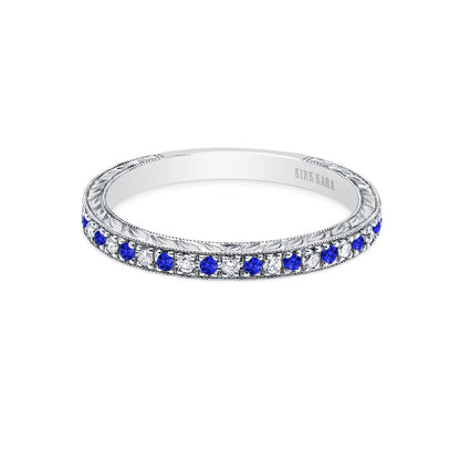 Engraved Blue Sapphire Diamond Wedding Band