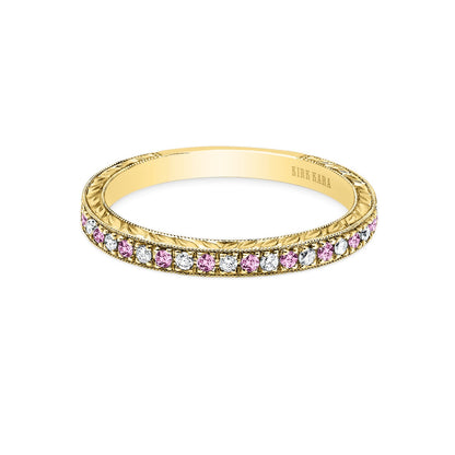 Engraved Pink Sapphire Diamond Wedding Band