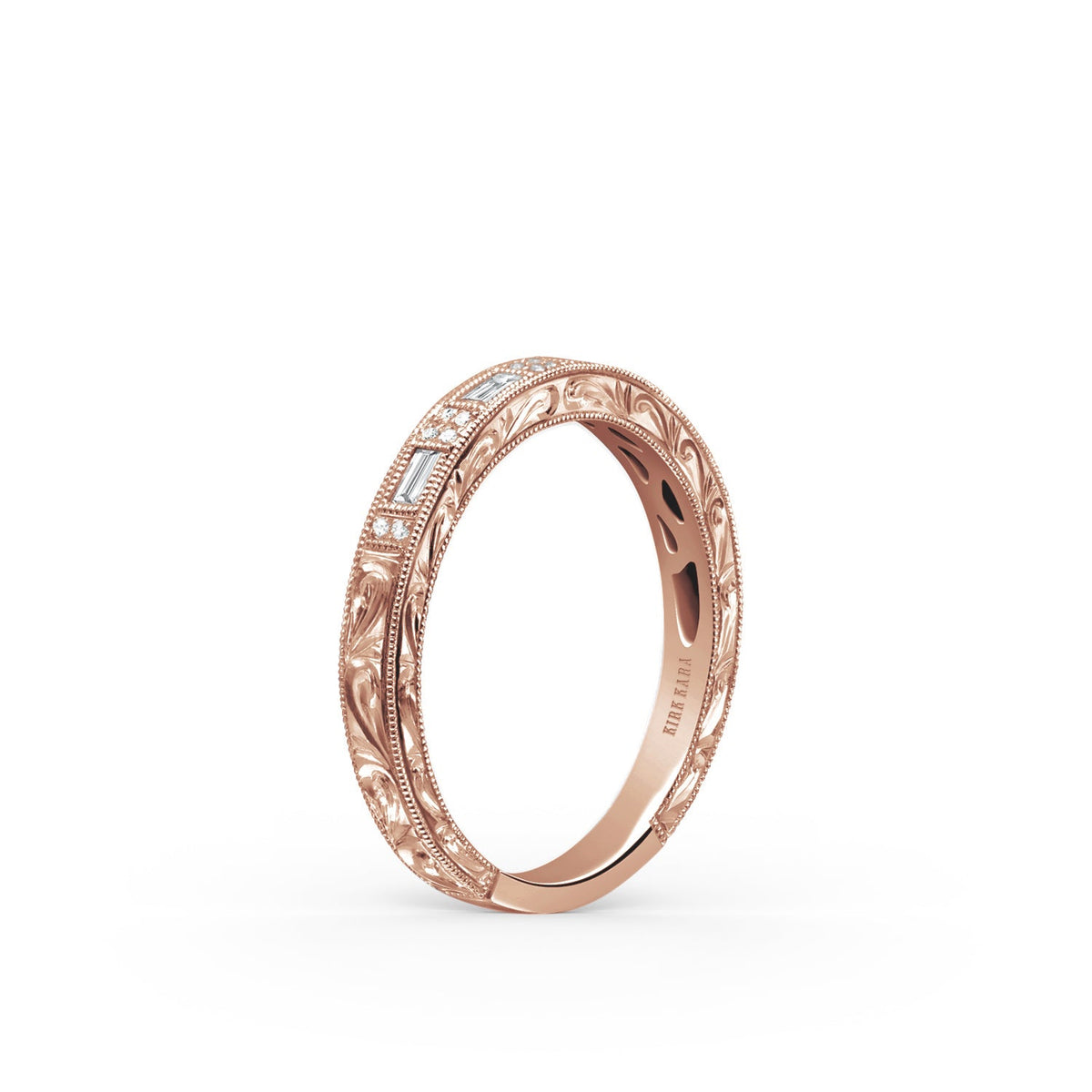 Baguette Diamond Scroll Engraved Wedding Band