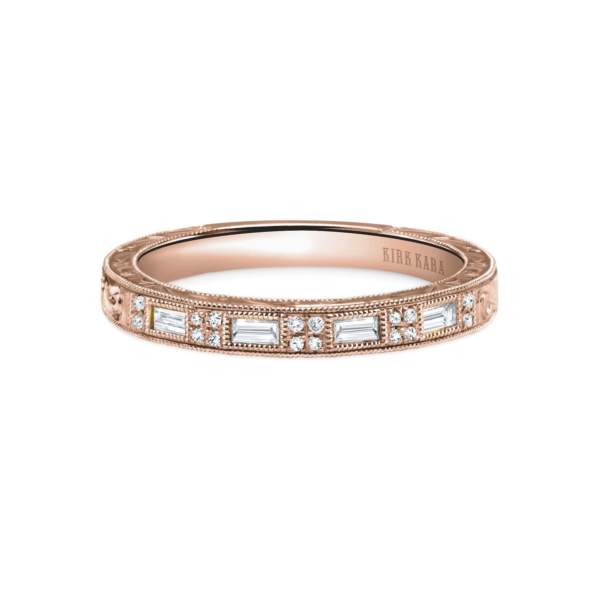 Baguette Diamond Scroll Engraved Wedding Band