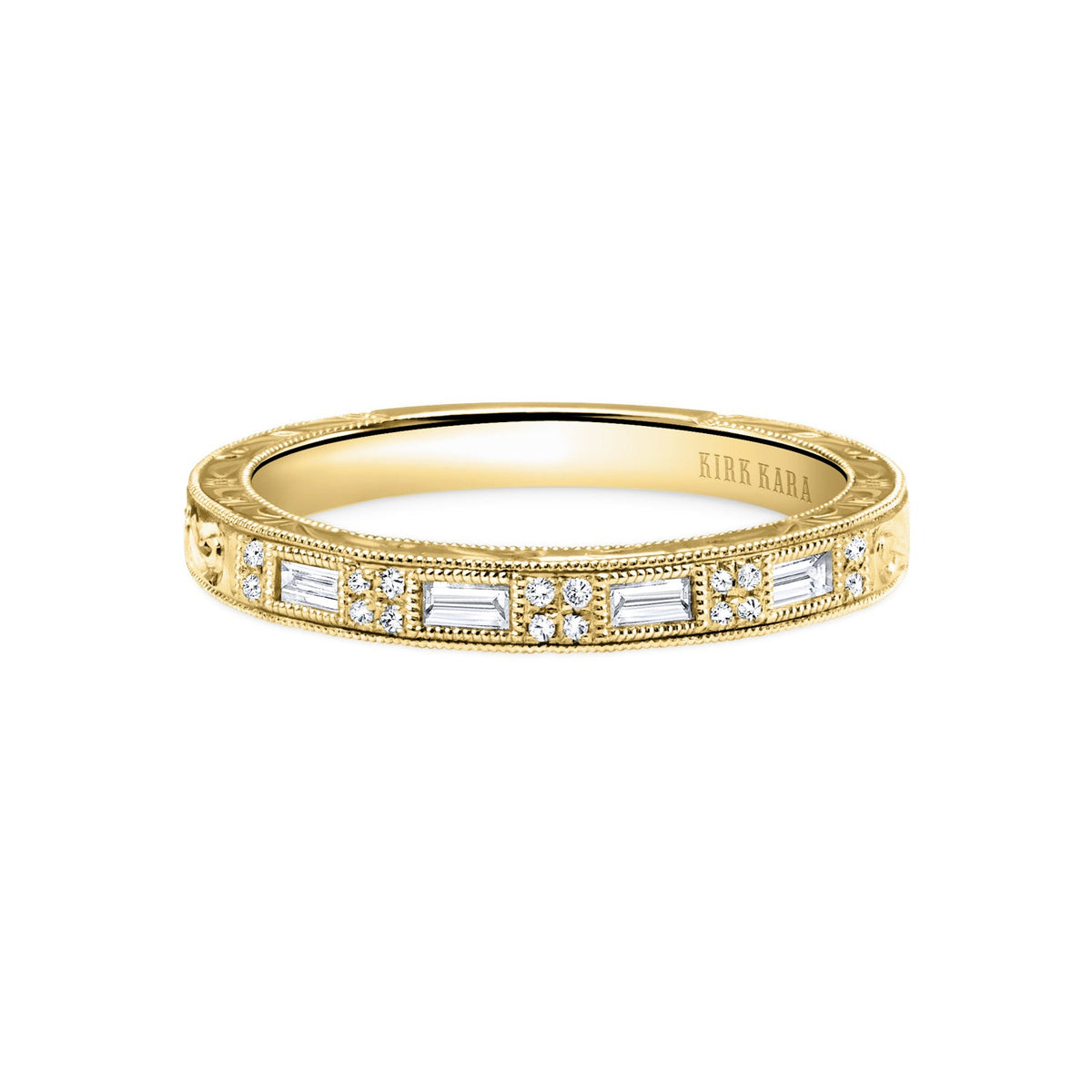 Baguette Diamond Scroll Engraved Wedding Band