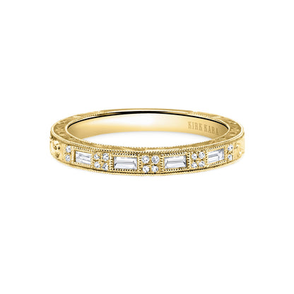 Baguette Diamond Scroll Engraved Wedding Band