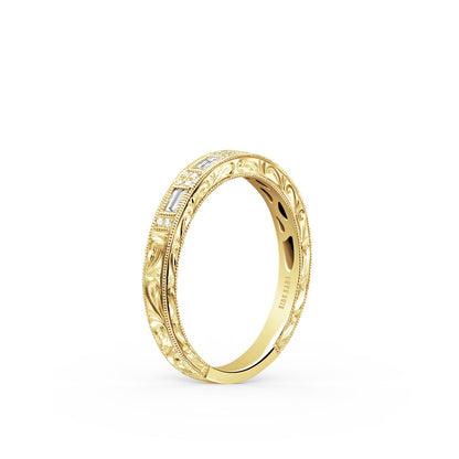 Baguette Diamond Scroll Engraved Wedding Band