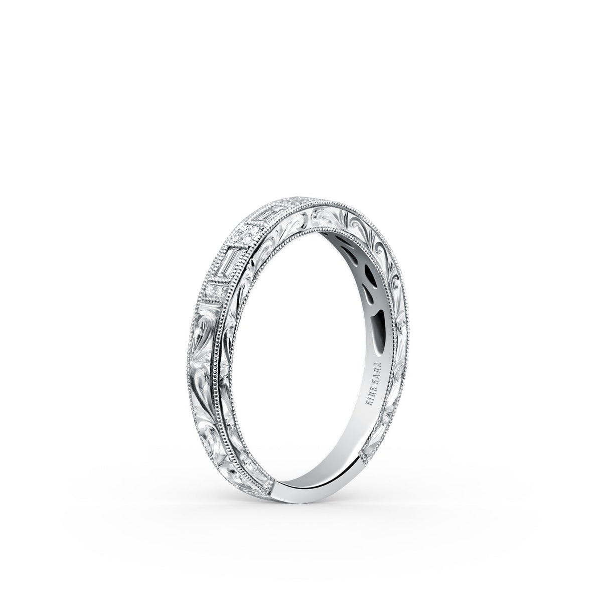 Baguette Diamond Scroll Engraved Wedding Band