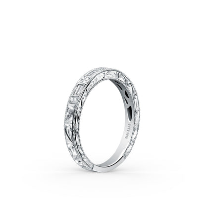 Baguette Diamond Scroll Engraved Wedding Band
