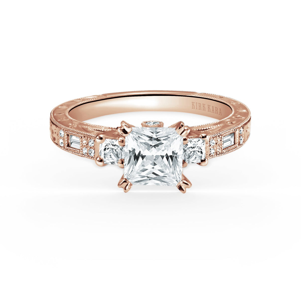 Deco Three Stone Engraved Diamond Engagement Ring