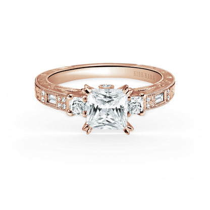Deco Three Stone Engraved Diamond Engagement Ring