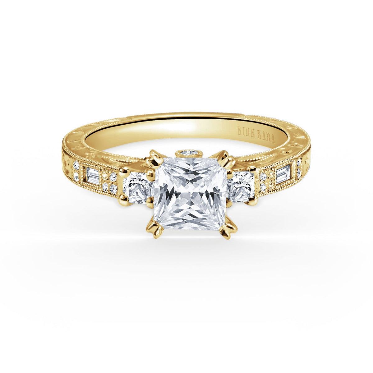 Deco Three Stone Engraved Diamond Engagement Ring