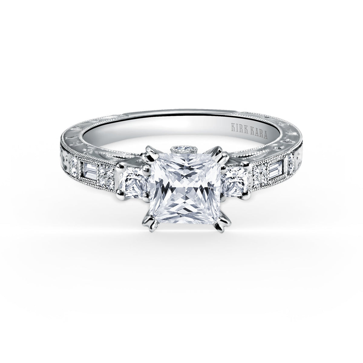 Deco Three Stone Engraved Diamond Engagement Ring
