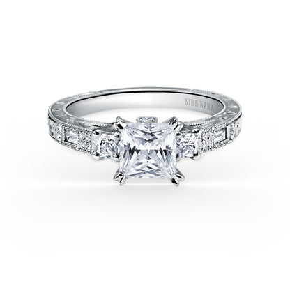 Deco Three Stone Engraved Diamond Engagement Ring