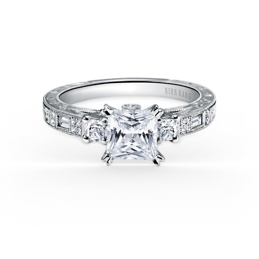 Deco Three Stone Engraved Diamond Engagement Ring