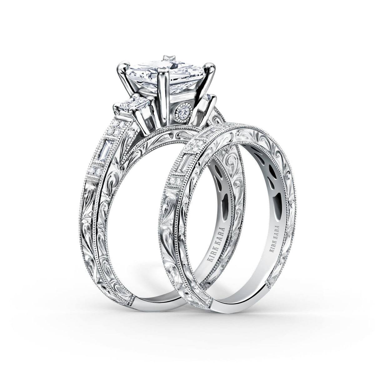 Deco Three Stone Engraved Diamond Engagement Ring