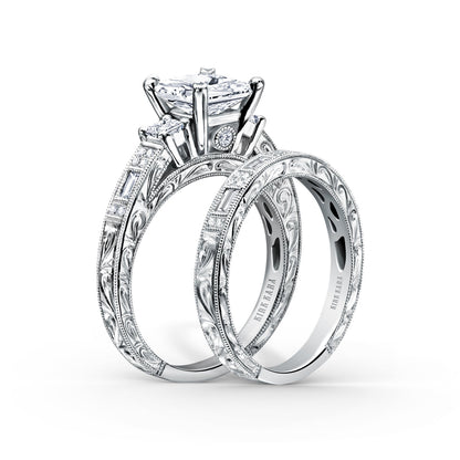 Deco Three Stone Engraved Diamond Engagement Ring