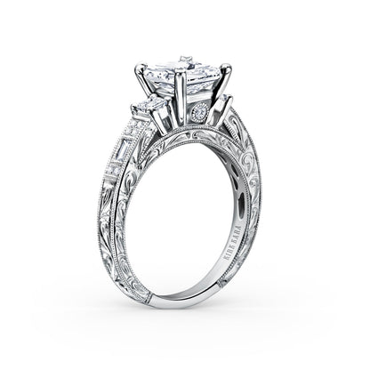 Deco Three Stone Engraved Diamond Engagement Ring