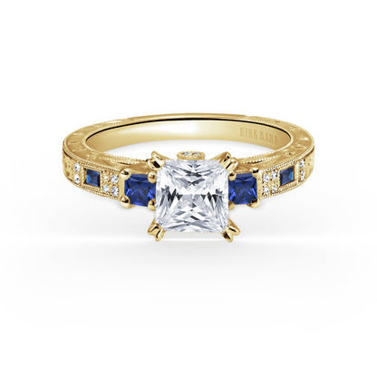 Deco Three Stone Blue Sapphire Diamond Engagement Ring