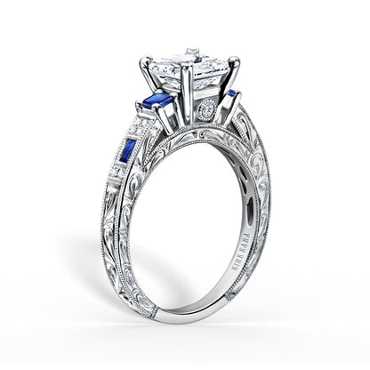 Deco Three Stone Blue Sapphire Diamond Engagement Ring