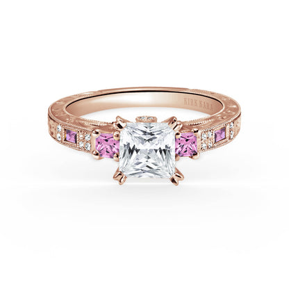 Deco Three Stone Pink Sapphire Diamond Engagement Ring