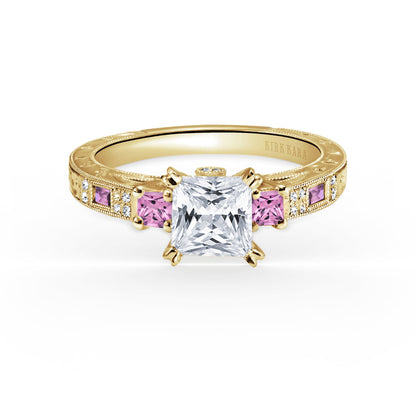 Deco Three Stone Pink Sapphire Diamond Engagement Ring