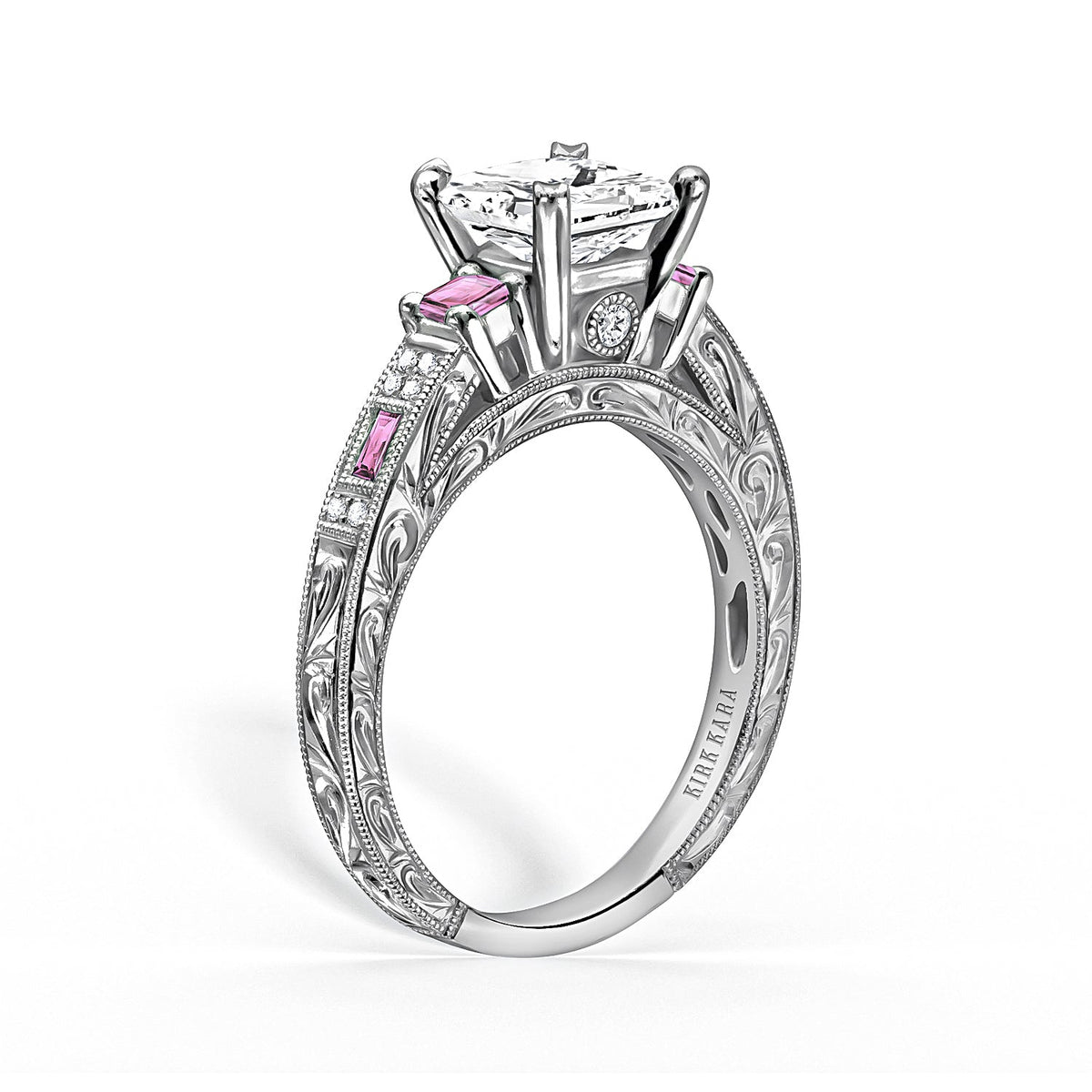 Deco Three Stone Pink Sapphire Diamond Engagement Ring